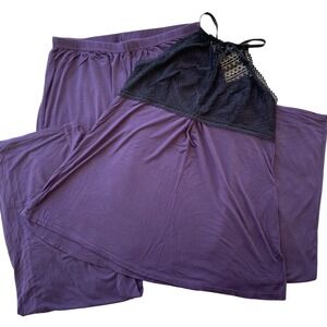 Adore Me Pajama Set Womens Large Purple Black Lace Top Wide Leg Pants Loungewear